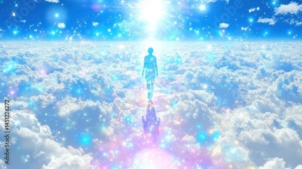 Obraz A figure strolls across a field of luminous clouds towards a bright celestial light.  A vibrant spectrum of pastel colors, shimmering particles, and a sense of ethereal serenity fill the scene