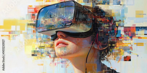 Fototapeta Woman wea virtual reality headset experiencing immersive digital environment with futuristic technology and digital graphics in vibrant colors and abstract design