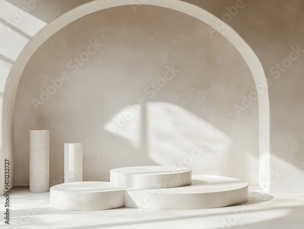 Fototapeta Elegant minimalist scene with a podium under a soft arched niche, bathed in warm natural light.