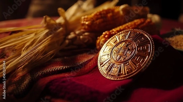Fototapeta Golden sun medallion with Andean patterns on crimson fabric, surrounded by corn and quinoa offerings, symbolizing Inti Raymi's sacred connection to