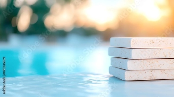 Fototapeta Stack of Beige Stone Tiles on Sunlit Poolside Paving