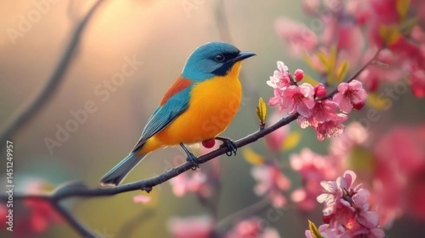 Fototapeta Vibrant bird perched among soft pink blossoms in the golden light of spring
