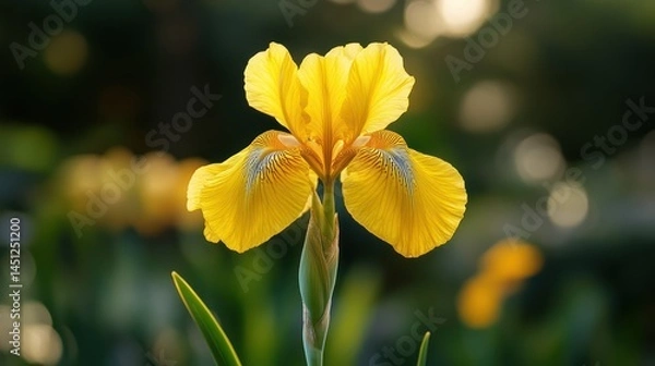 Fototapeta Vibrant yellow iris blooming in a tranquil garden setting with soft light