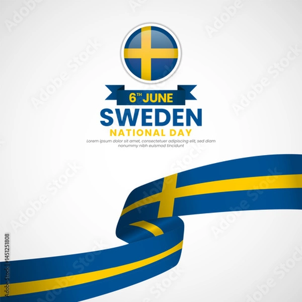 Fototapeta Sweden national day greeting card, square banner background with waving ribbon flag