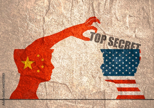Fototapeta One businessman steal the top secret from another. National flags of USA and China