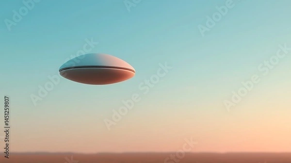 Fototapeta White Disk Shaped UFO Over a Desert Landscape at Sunset