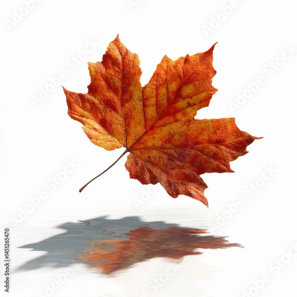 Fototapeta Single Autumn Maple Leaf Reflecting on Water, Isolated on White Transparent background