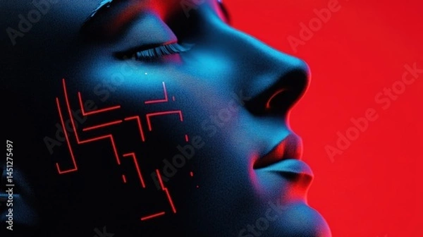 Obraz Futuristic Woman with Circuit Pattern on Face, Neon Red and Blue Lighting