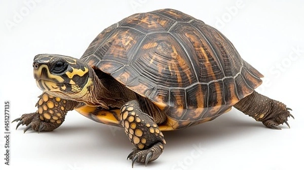 Fototapeta Eastern box turtle walking to the side, isolated on white background, full body profile 