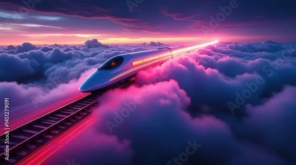 Fototapeta A futuristic high-speed train travels above the clouds on glowing tracks during a vibrant sunset.
