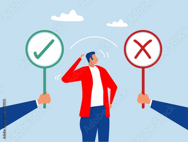 Obraz True or false, correct and incorrect,Businessman chooses between the right or wrong sign,correct and incorrect, moral choosing option concept,vector