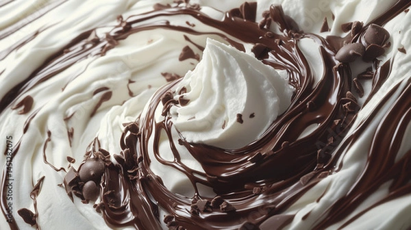 Fototapeta A close-up of whipped cream with chocolate drizzle and chocolate chips, creating a visually appealing dessert topping.