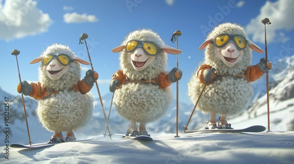 Fototapeta Three animated sheep wearing orange jackets, ski goggles, and skis, standing on a snowy mountain.