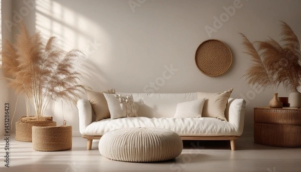 Fototapeta Soft textures meet natural materials in a bright minimalist interior, where a wicker pouf an 