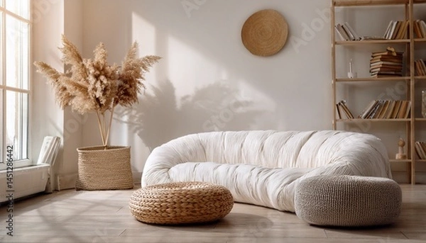 Fototapeta Soft textures meet natural materials in a bright minimalist interior, where a wicker pouf an 