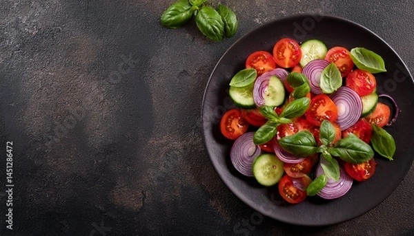 Fototapeta Rustic wooden bowl filled with vibrant salad greens, basil, and tomatoes, placed to the left