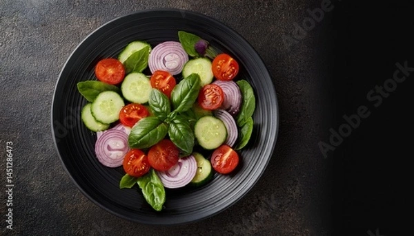Fototapeta Rustic wooden bowl filled with vibrant salad greens, basil, and tomatoes, placed to the left