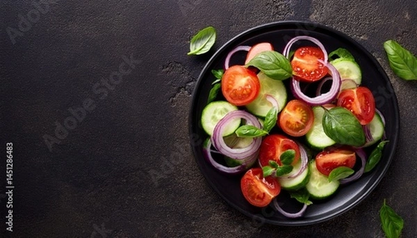Fototapeta  Top view of fresh salad with cherry tomatoes, sliced cucumbers, red onions, and basil on a m 