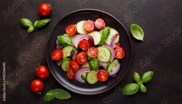 Fototapeta  Top view of fresh salad with cherry tomatoes, sliced cucumbers, red onions, and basil on a m 