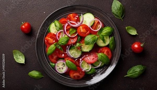 Fototapeta  Top view of fresh salad with cherry tomatoes, sliced cucumbers, red onions, and basil on a m 