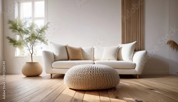 Fototapeta  Understated elegance with a woven pouf positioned next to a minimalist white sofa, featuring 