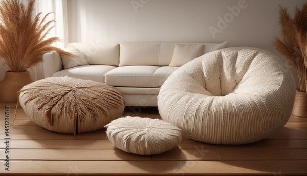 Fototapeta  Understated elegance with a woven pouf positioned next to a minimalist white sofa, featuring 