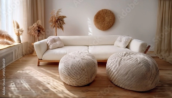 Fototapeta  Understated elegance with a woven pouf positioned next to a minimalist white sofa, featuring 