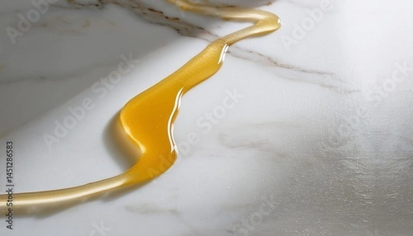 Fototapeta Viscous honey trail across a white marble surface, golden reflections glistening under natur 