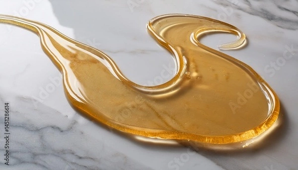 Fototapeta Viscous honey trail across a white marble surface, golden reflections glistening under natur 