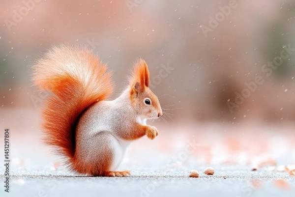 Fototapeta A red squirrel stands on the ground, surrounded by scattered nuts, with a soft, blurred background and gentle snowfall.
