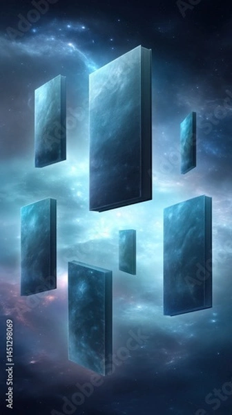 Fototapeta Floating rectangular slabs with cosmic textures hover in a star-filled, mysterious space environment.