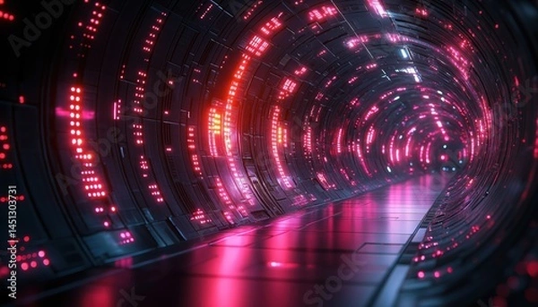 Fototapeta Futuristic Tunnel with Red LED Lights, Digital Data Stream Concept