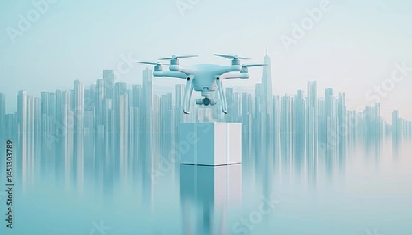 Fototapeta Drone Delivery of Package Above City Skyline with Water Reflection