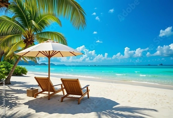 Fototapeta A tropical beach scene with palm trees, chairs, and an umbrella under a bright blue sky and turquoise water