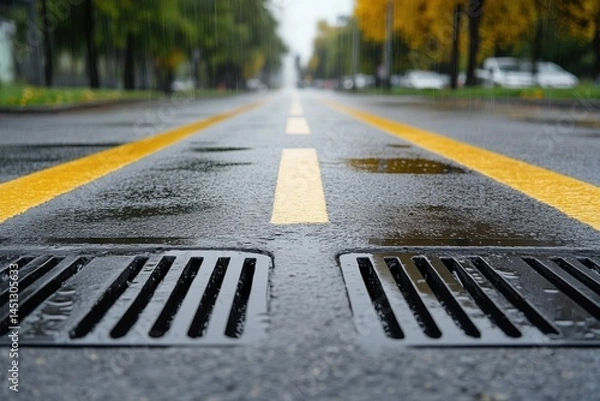 Obraz Wet asphalt road with yellow lines during rain, close-up view of storm drain grates.