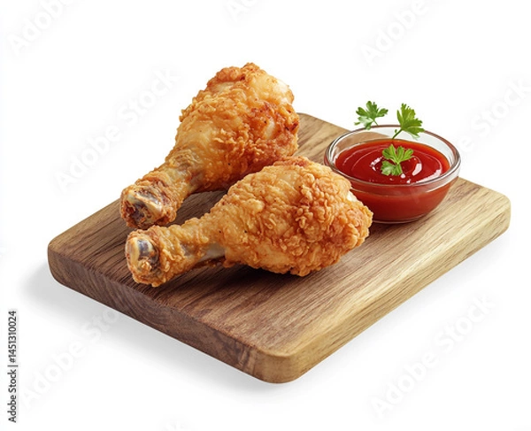 Obraz A pair of fried chicken drumsticks on a wooden board