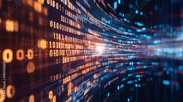 Fototapeta Digital Data Stream: Abstract view of a data stream, a digital river of information, flowing rapidly with binary code in a futuristic and technological environment.