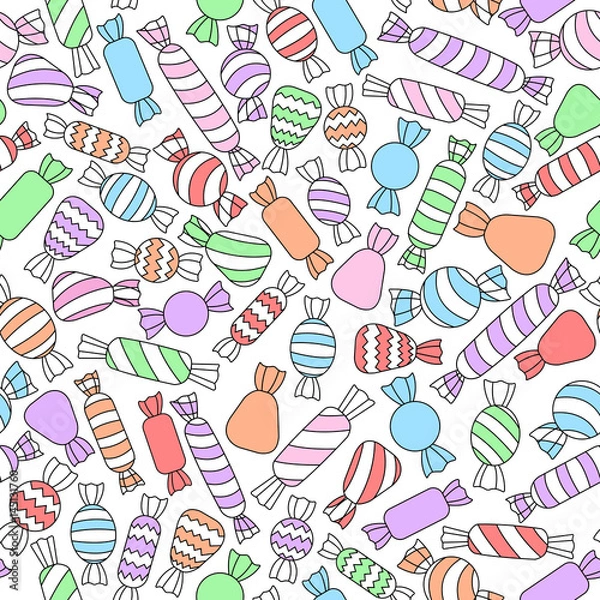 Fototapeta Vector outlined candies on the white background. Seamless pattern. Pastel colors.