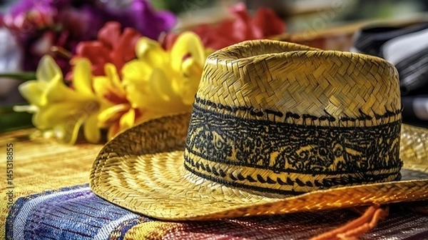 Fototapeta Golden sombrero vueltiao with black patterns on Colombian flag textile, celebrating cultural heritage and national pride.