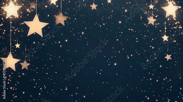 Fototapeta Celestial Symphony: A captivating scene of twinkling stars against a backdrop of deep blue, with some of them are forming a garland and each star radiating a warm, inviting glow.