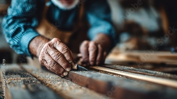 Fototapeta Aged artisan's hands precisely marking wood in workshop.