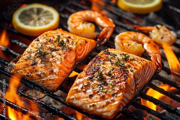 Obraz grilled salmon and shrimp on a decorative metal grilling tool with lemon slices, resting over the grill's hot coals