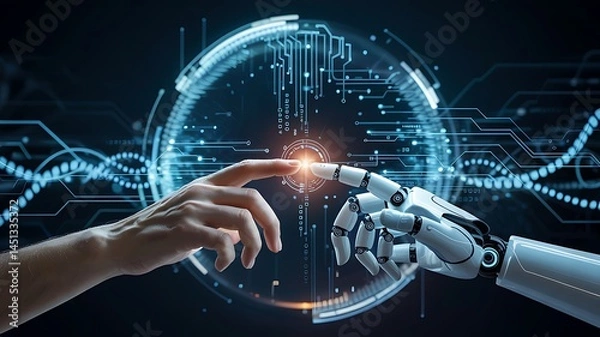 Fototapeta Human And Robot Hand Touching Connection Technology Artificial Intelligence Machine Learning Concept Neural Network Digital Future Futuristic Innovation Synergy Integration