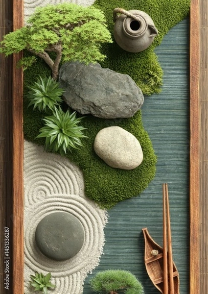 Fototapeta Serene miniature Zen garden with raked sand, moss, and tranquil elements.