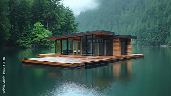 Fototapeta  A floating house on a tranquil lake with a wooden dock and glass-paneled walls (3)