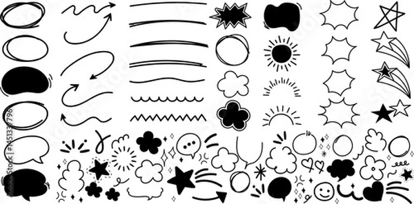 Obraz Set of black hand drawn anime manga doodle grunge line elements curved charcoal, chalk arrows, speech bubble, abstract shapes, graphic effects for character emotion. Scribble stroke symbols vector 