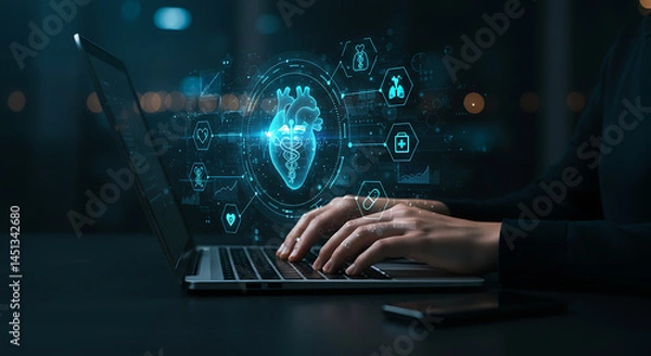 Fototapeta Person using a laptop with a holographic heart interface, representing medical technology and healthcare advancements.