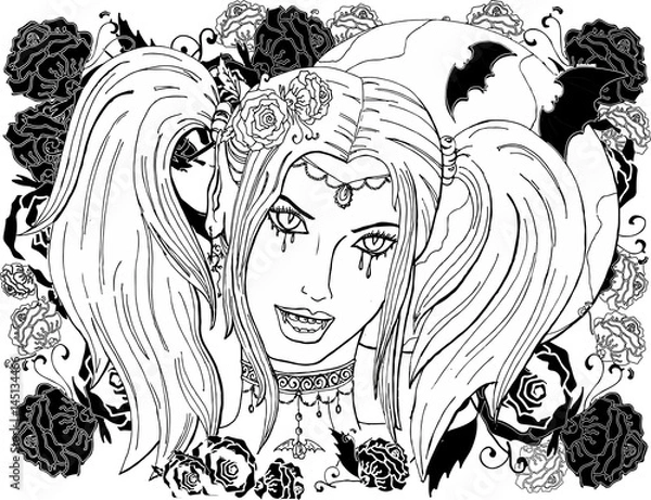 Obraz Векторное изображение красивая девушка вампир. Раскраска для взрослых.