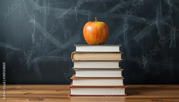 Obraz Apple on Book Stack Against Chalkboard