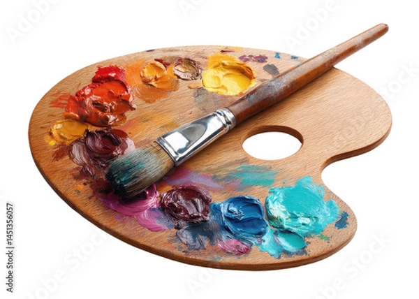 Fototapeta Wooden art palette with colorful oil paint blobs and a paintbrush, isolated on transparent background. Art, Creativity, Painting.